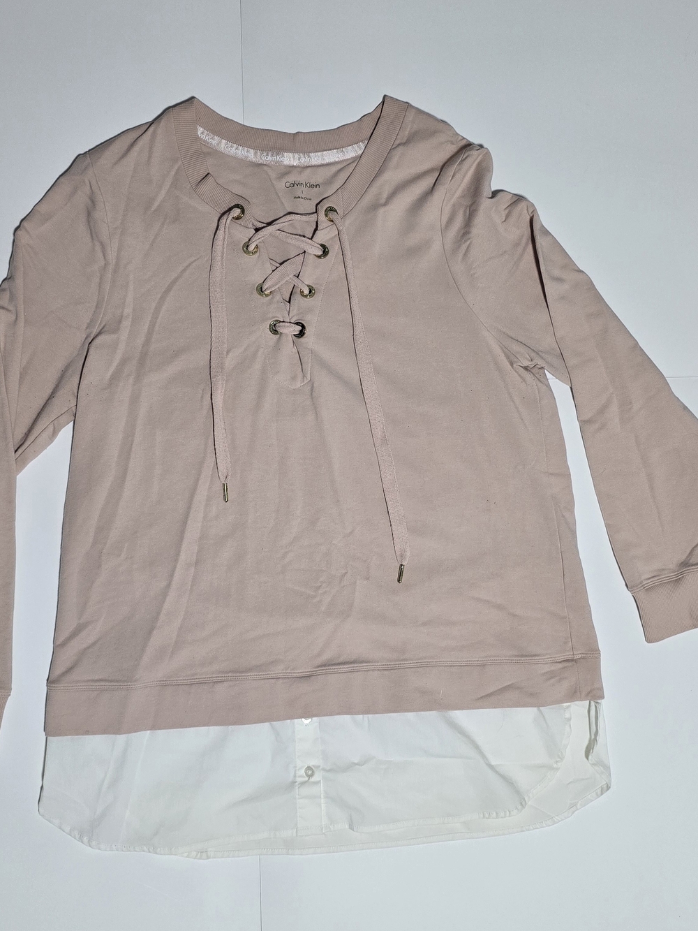 Calvin Klein Blush Lace-Up Pullover with White Shirttail Hem